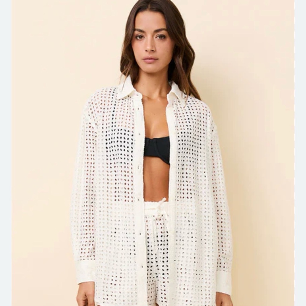 SOLID & STRIPED White Crochet Button-Down Beach Shirt
